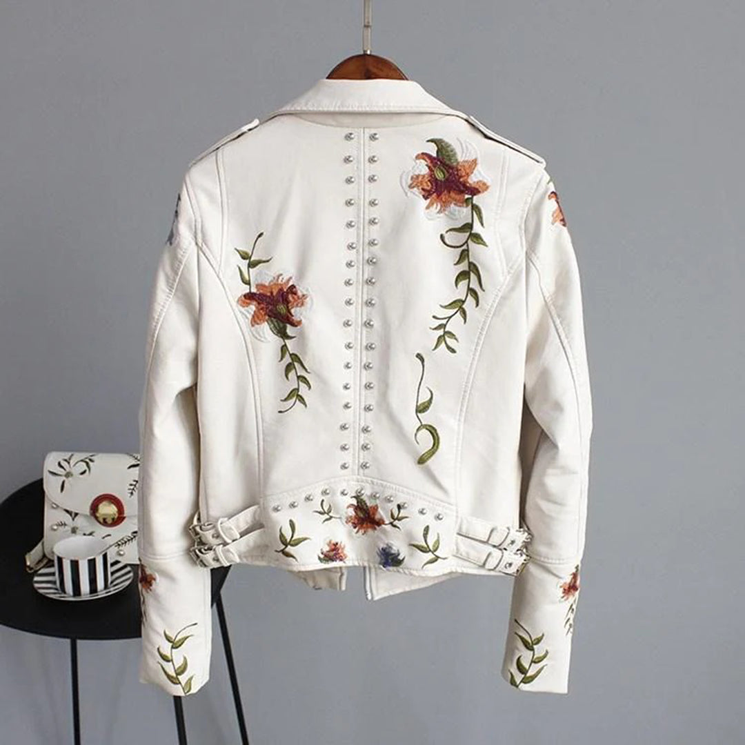 Women's Embroidered Floral Moto Jacket - Fashion Slim Fit Biker Style