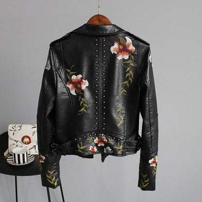 Women's Embroidered Floral Moto Jacket - Fashion Slim Fit Biker Style