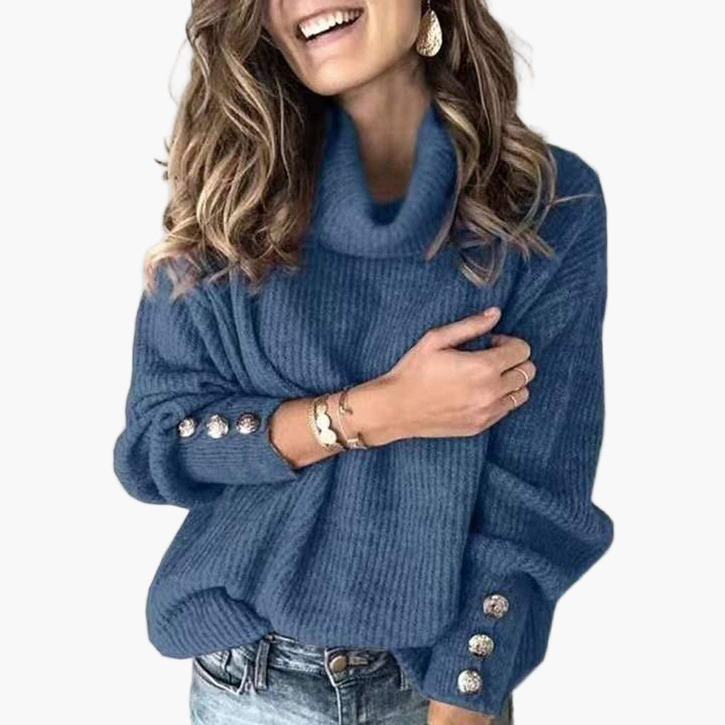 Women's Relaxed Turtleneck Pullover with Button Sleeve Detail – Casual Chic Sweater