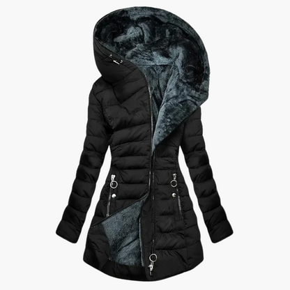 Women's Elegant Plush Winter Coat – Long Puffer with Hood, Stylish Cold Weather Outerwear