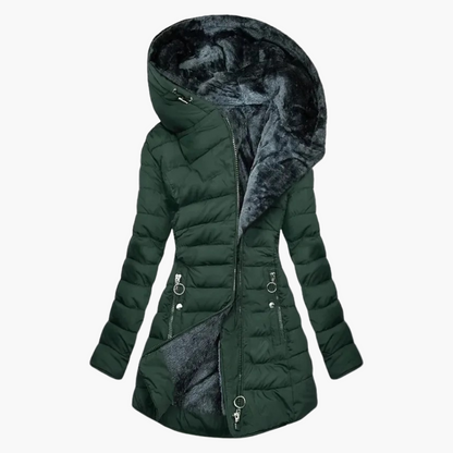 Women's Elegant Plush Winter Coat – Long Puffer with Hood, Stylish Cold Weather Outerwear