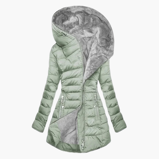 Women's Elegant Plush Winter Coat – Long Puffer with Hood, Stylish Cold Weather Outerwear