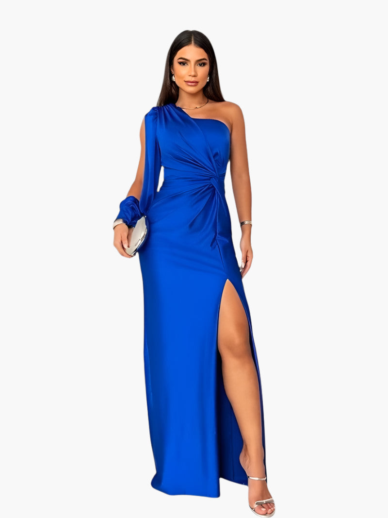 Women's Elegant One-Shoulder Evening Dress with Waist Draping – Formal Party & Gala Style