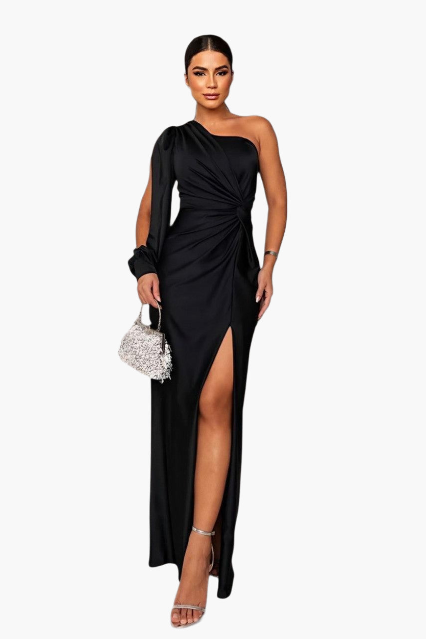 Women's Elegant One-Shoulder Evening Dress with Waist Draping – Formal Party & Gala Style
