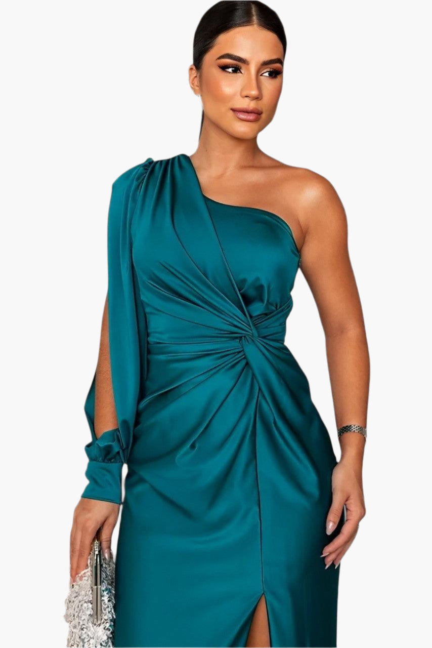 Women's Elegant One-Shoulder Evening Dress with Waist Draping – Formal Party & Gala Style