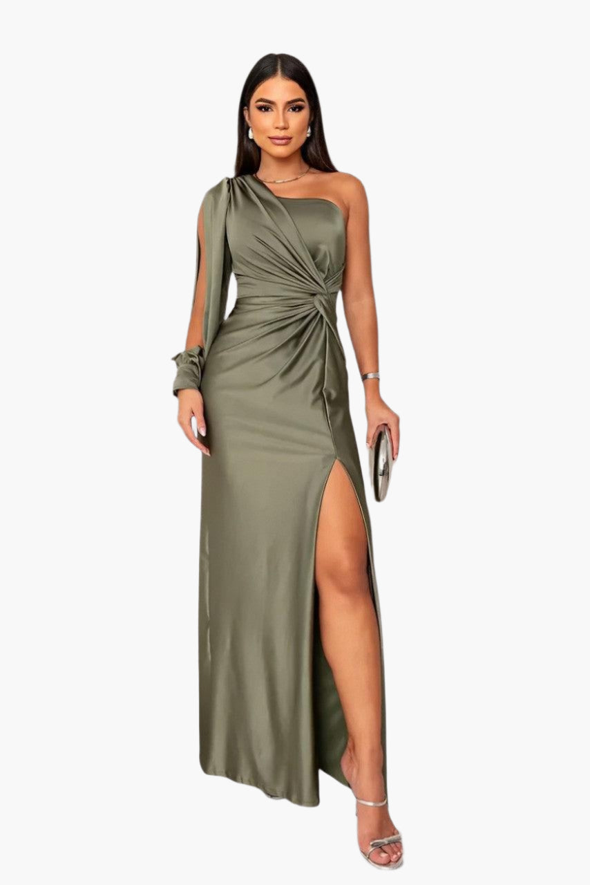 Women's Elegant One-Shoulder Evening Dress with Waist Draping – Formal Party & Gala Style