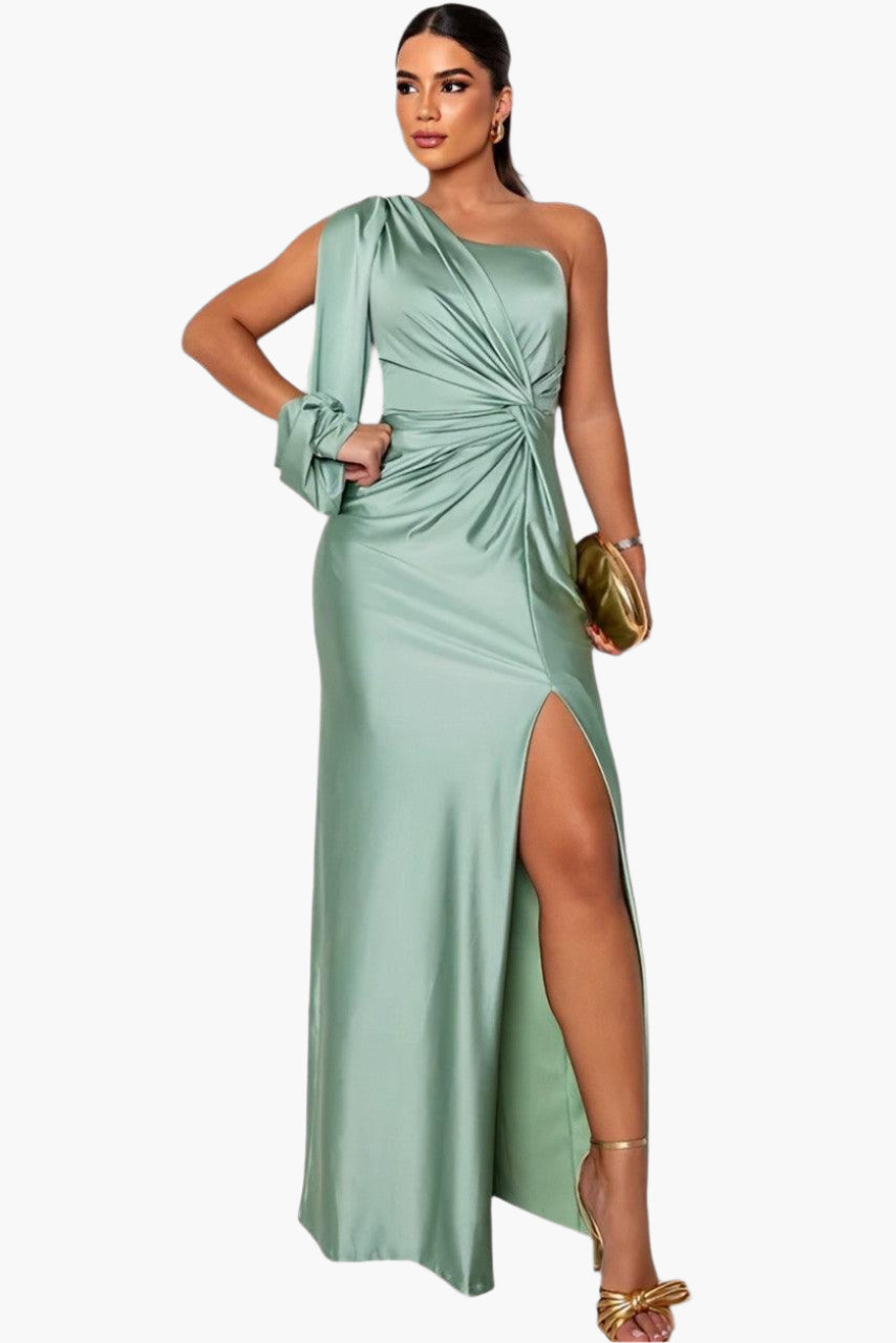 Women's Elegant One-Shoulder Evening Dress with Waist Draping – Formal Party & Gala Style