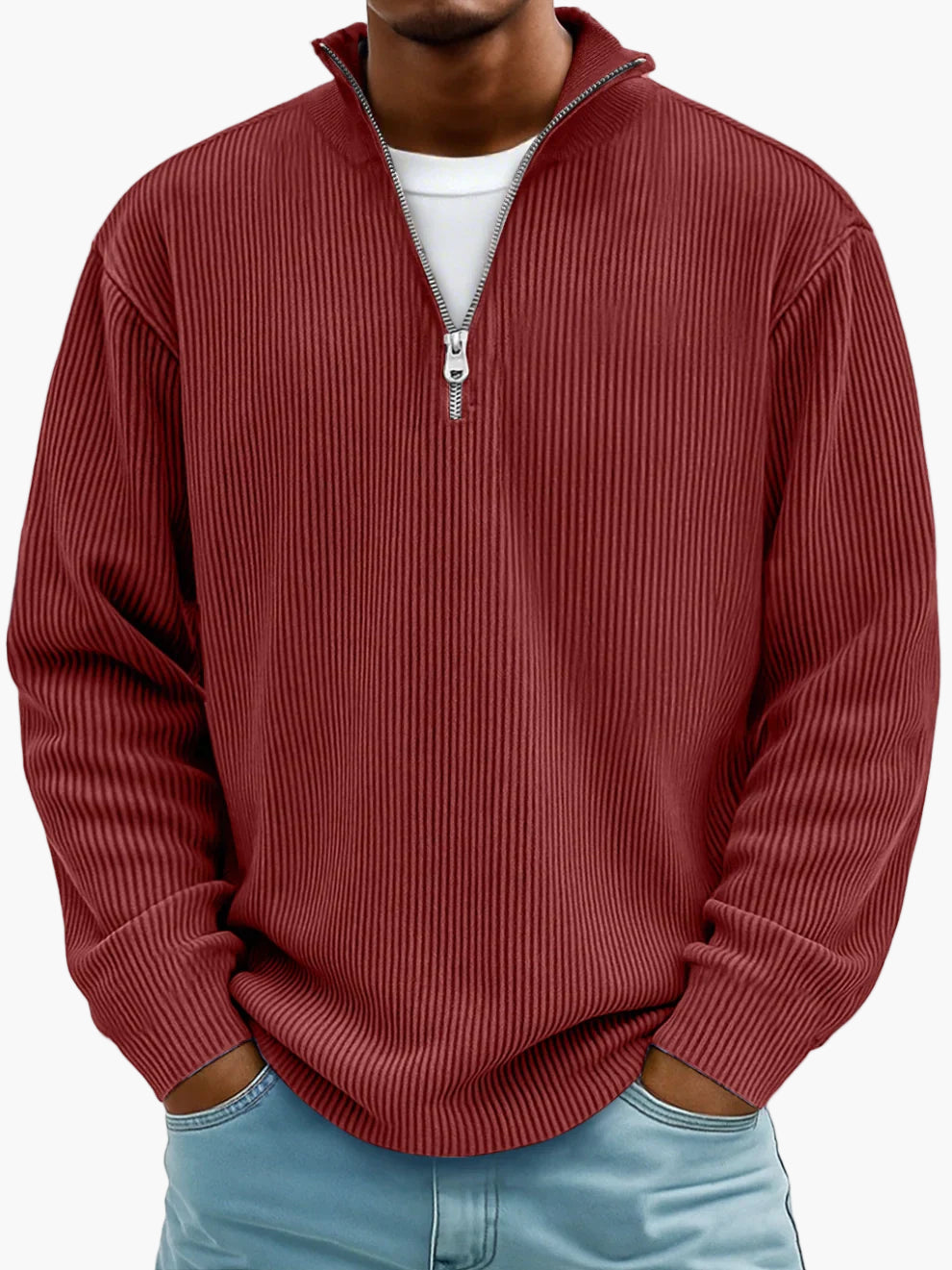 Men's Quarter-Zip Ribbed Trendy Pullover Sweater – Casual Relaxed Fit