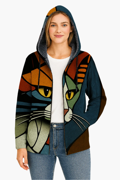 Women's Artistic Cat Print Hoodie Jacket for Unique Casual Style