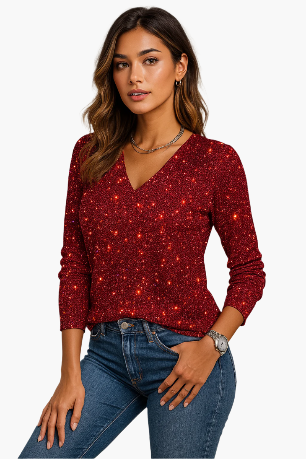 Women's Sparkling V-Neck Party Top – Elegant Long Sleeve Statement Blouse