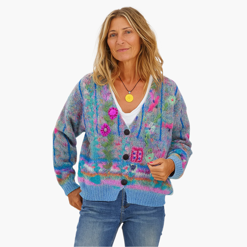 Women's Artistic Boho Knit Cardigan Sweater - Casual Colorful Button-Front Style