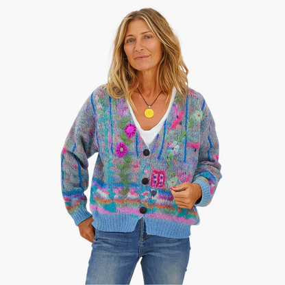 Women's Artistic Boho Knit Cardigan Sweater - Casual Colorful Button-Front Style
