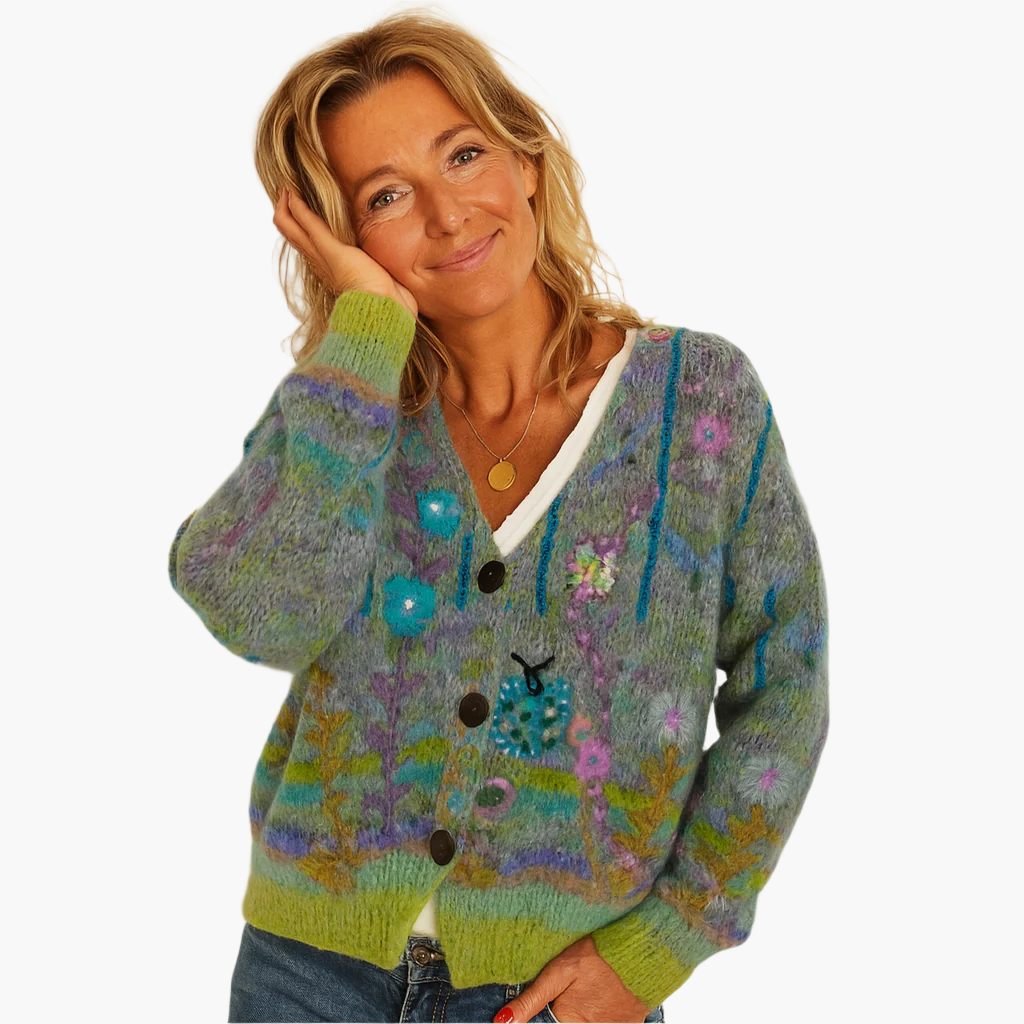 Women's Artistic Boho Knit Cardigan Sweater - Casual Colorful Button-Front Style