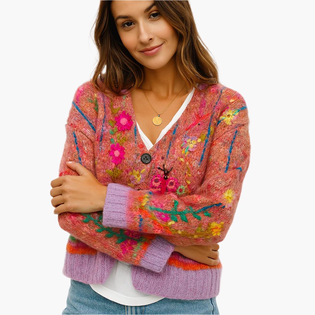 Women's Artistic Boho Knit Cardigan Sweater - Casual Colorful Button-Front Style