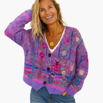 Women's Artistic Boho Knit Cardigan Sweater - Casual Colorful Button-Front Style