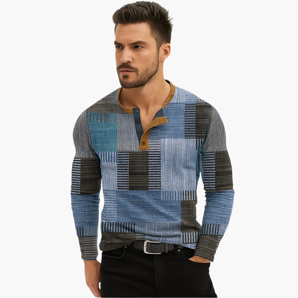 Men's Patchwork Casual Knit Sweater – Stylish Autumn & Winter Henley Pullover