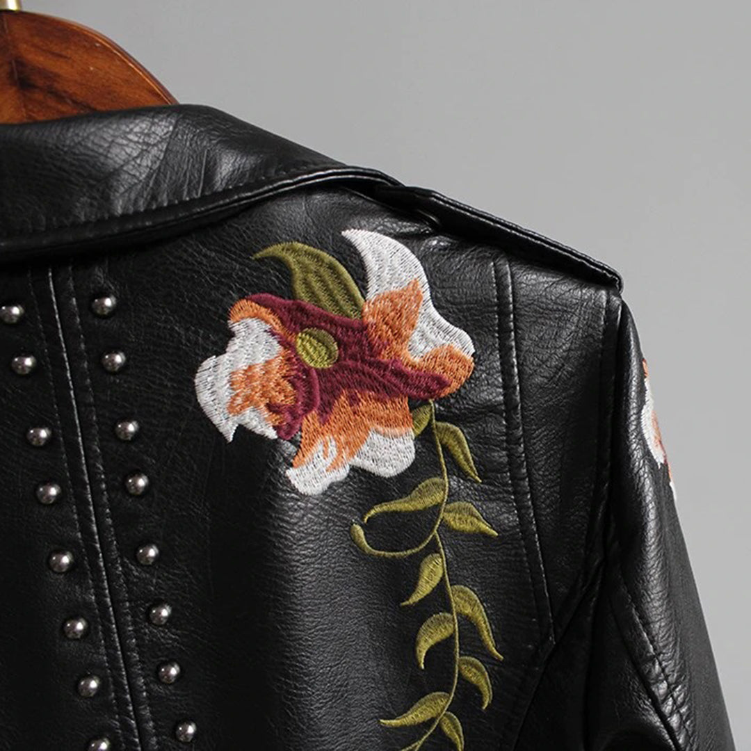 Women's Embroidered Floral Moto Jacket - Fashion Slim Fit Biker Style
