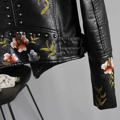 Women's Embroidered Floral Moto Jacket - Fashion Slim Fit Biker Style