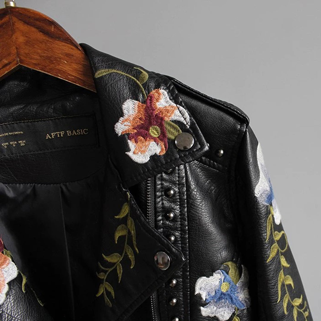 Women's Embroidered Floral Moto Jacket - Fashion Slim Fit Biker Style