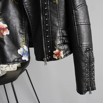 Women's Embroidered Floral Moto Jacket - Fashion Slim Fit Biker Style