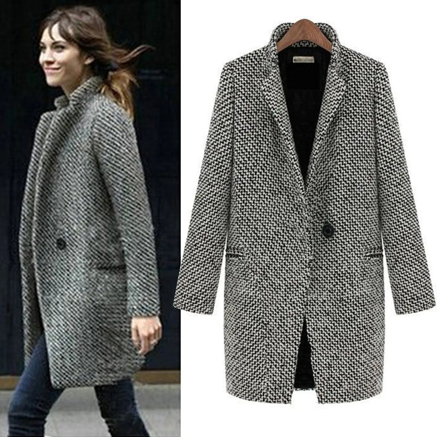 Women's Classic Mid-Length Houndstooth Coat - Elegant Buttoned Overcoat for Fall and Winter