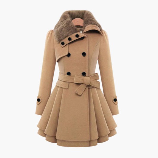 Women's Elegant Double-Breasted Winter Coat with Faux Fur Collar and Flared Hem - Fashionable Long Jacket for Cold Weather