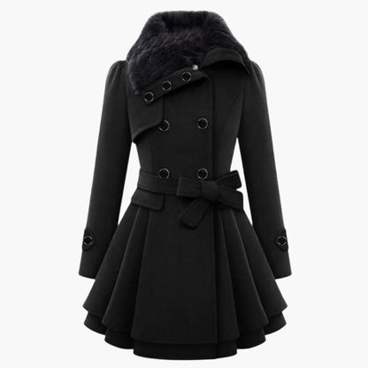 Women's Elegant Double-Breasted Winter Coat with Faux Fur Collar and Flared Hem - Fashionable Long Jacket for Cold Weather