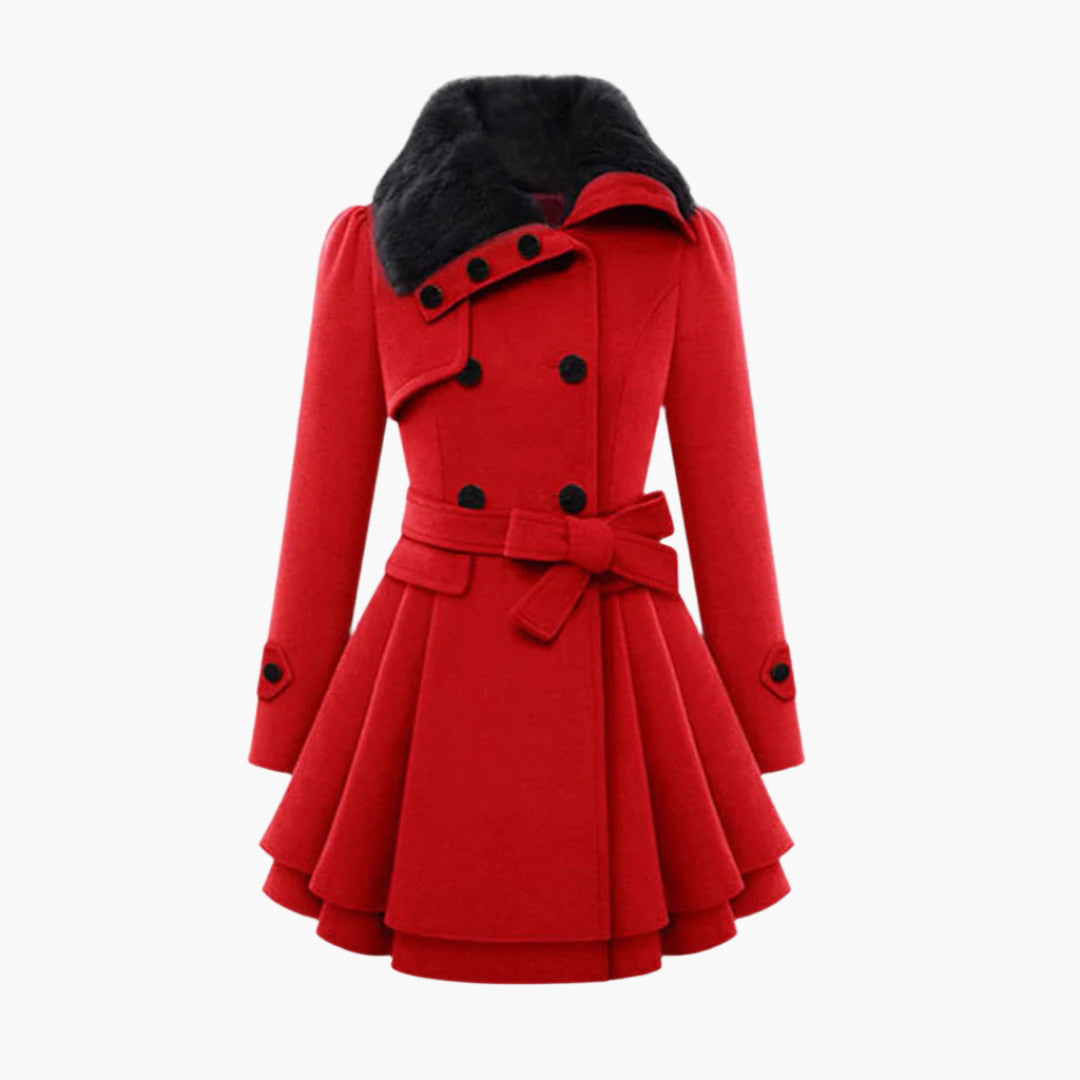 Women's Elegant Double-Breasted Winter Coat with Faux Fur Collar and Flared Hem - Fashionable Long Jacket for Cold Weather