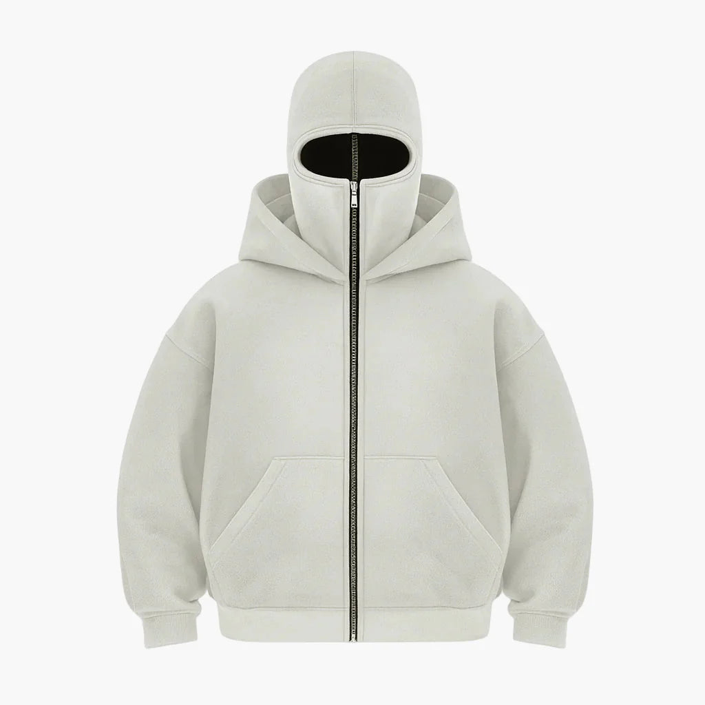 Men's Minimalist Full-Zip Hoodie with Integrated Face Cover – Urban Streetwear Style
