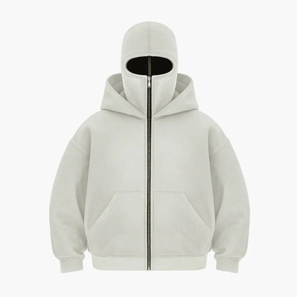 Men's Minimalist Full-Zip Hoodie with Integrated Face Cover – Urban Streetwear Style