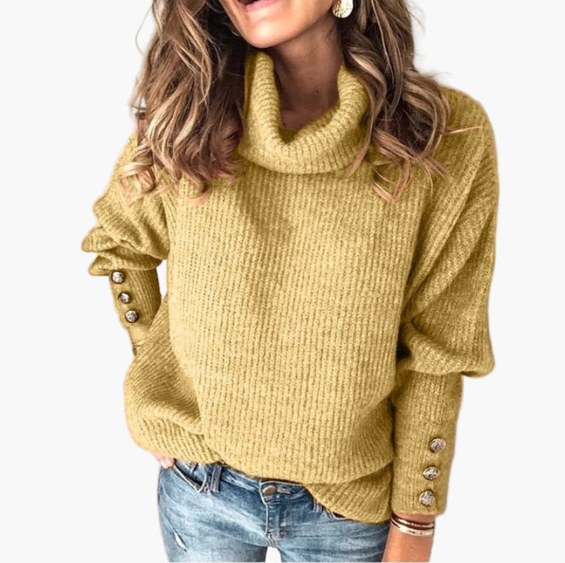 Women's Relaxed Turtleneck Pullover with Button Sleeve Detail – Casual Chic Sweater