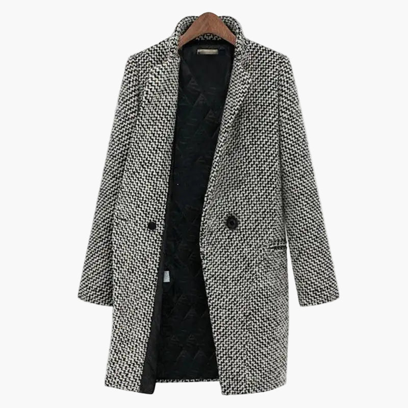 Women's Classic Mid-Length Houndstooth Coat - Elegant Buttoned Overcoat for Fall and Winter