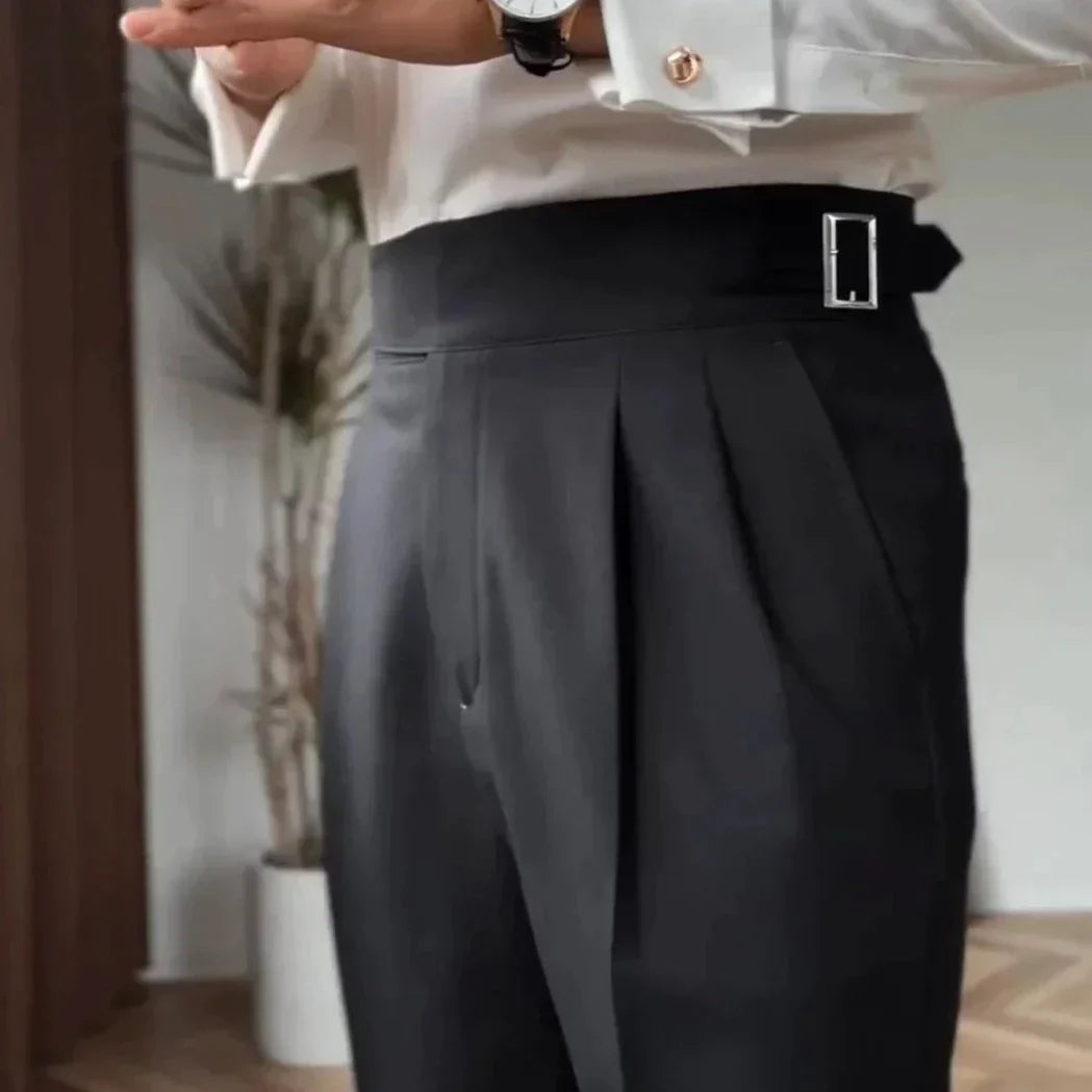 Men's High-Waisted Pleated Tailored Trousers with Adjustable Side Buckle – Classic Formal & Business Style
