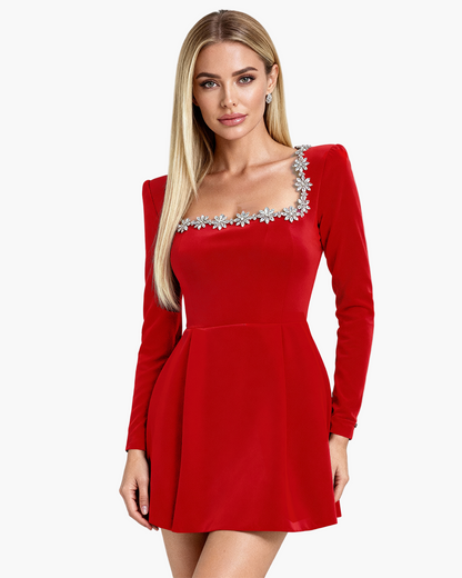 Women's Party Mini Dress with Crystal Embellished Square Neckline and Long Sleeves - Elegant Evening & Holiday Style