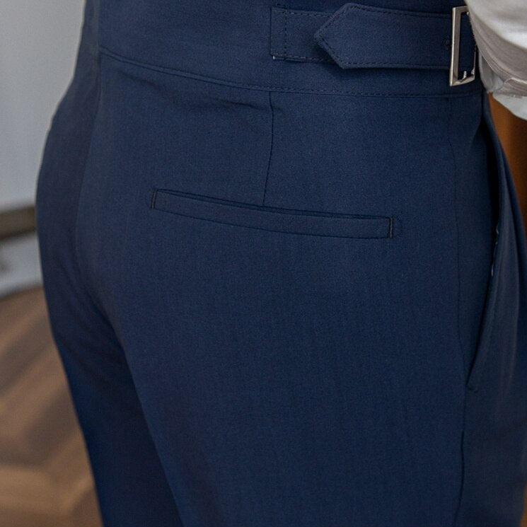 Men's High-Waisted Pleated Tailored Trousers with Adjustable Side Buckle – Classic Formal & Business Style