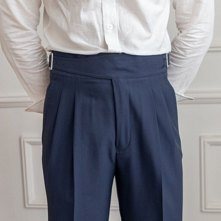 Men's High-Waisted Pleated Tailored Trousers with Adjustable Side Buckle – Classic Formal & Business Style