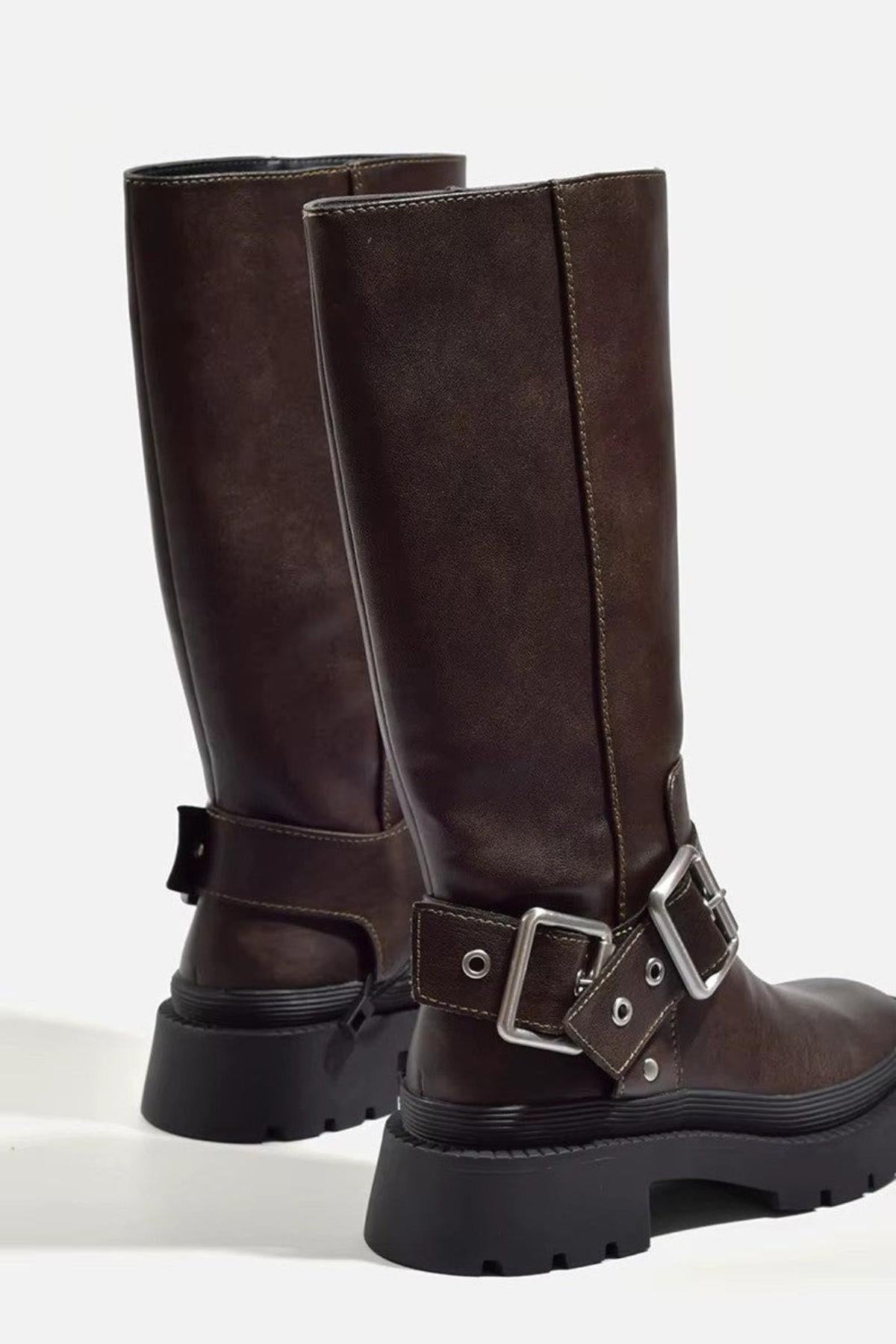 Women's Knee-High Buckle Flat Sole Retro Boots for Everyday Wear