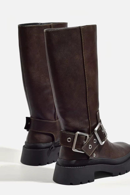Women's Knee-High Buckle Flat Sole Retro Boots for Everyday Wear
