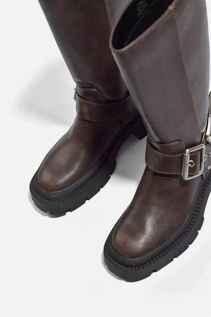 Women's Knee-High Buckle Flat Sole Retro Boots for Everyday Wear