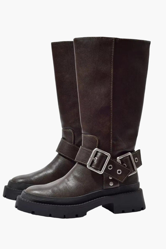 Women's Knee-High Buckle Flat Sole Retro Boots for Everyday Wear