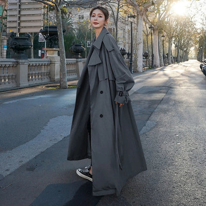 Women's Oversized Trench Coat - Double-Breasted Classic Long Casual Outerwear