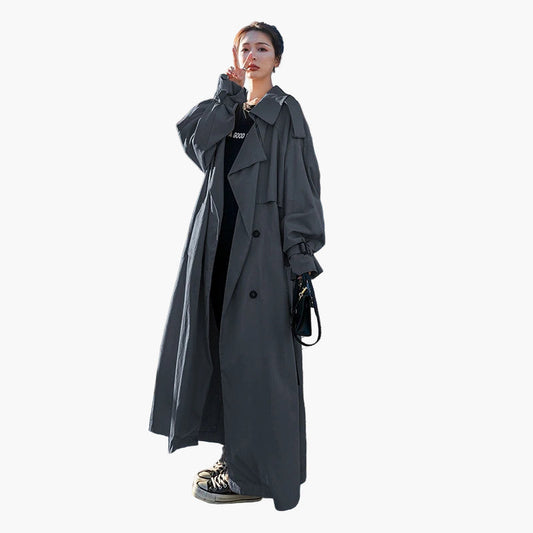 Women's Oversized Trench Coat - Double-Breasted Classic Long Casual Outerwear
