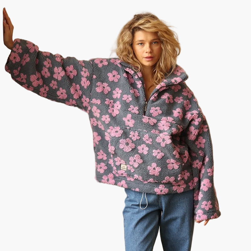 Women's Cozy Boho Floral Fleece Pullover – Casual Relaxed Fit Sweater