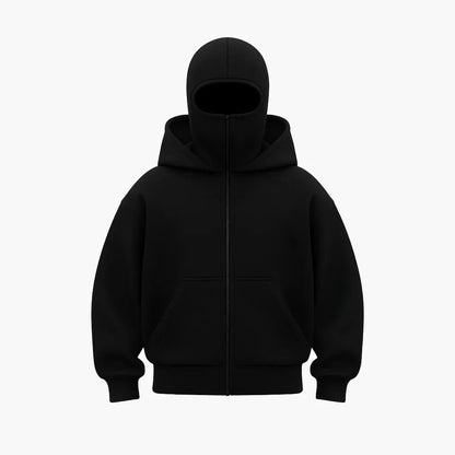 Men's Minimalist Full-Zip Hoodie with Integrated Face Cover – Urban Streetwear Style
