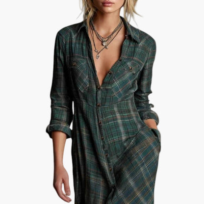 Women's Plaid Button-Down Maxi Shirt Dress Elegant Versatile Style