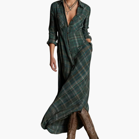 Women's Plaid Button-Down Maxi Shirt Dress Elegant Versatile Style