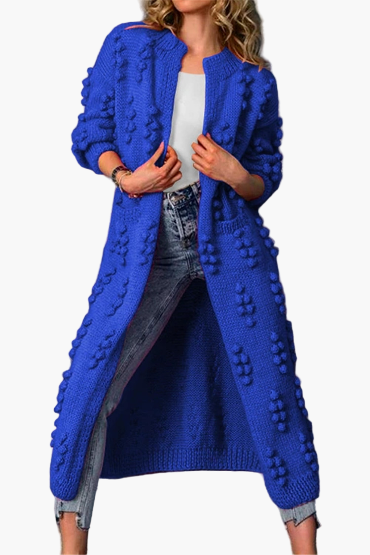 Women's Long Chunky Knit Cardigan with Pom Pom Detail - Casual Open Front Duster