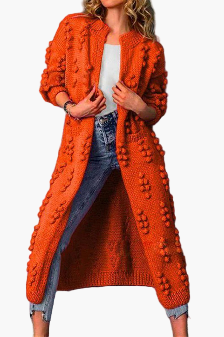 Women's Long Chunky Knit Cardigan with Pom Pom Detail - Casual Open Front Duster