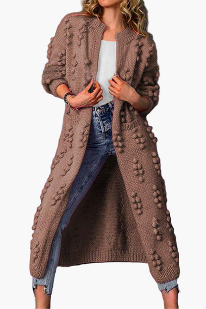 Women's Long Chunky Knit Cardigan with Pom Pom Detail - Casual Open Front Duster