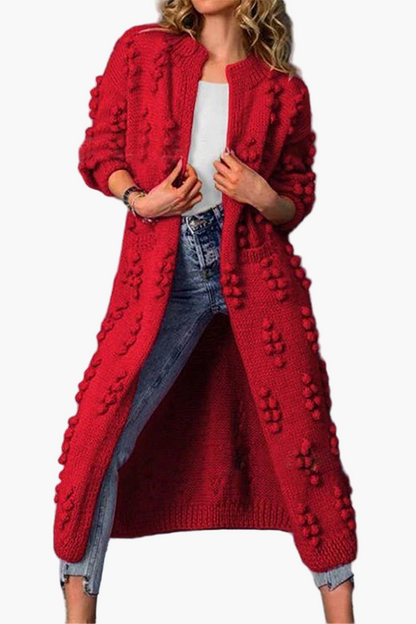 Women's Long Chunky Knit Cardigan with Pom Pom Detail - Casual Open Front Duster